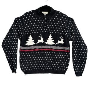 VTG 90s Nordic Fair Isle Sweater L Black Reindeer Winter Preppy Cottagecore Tree